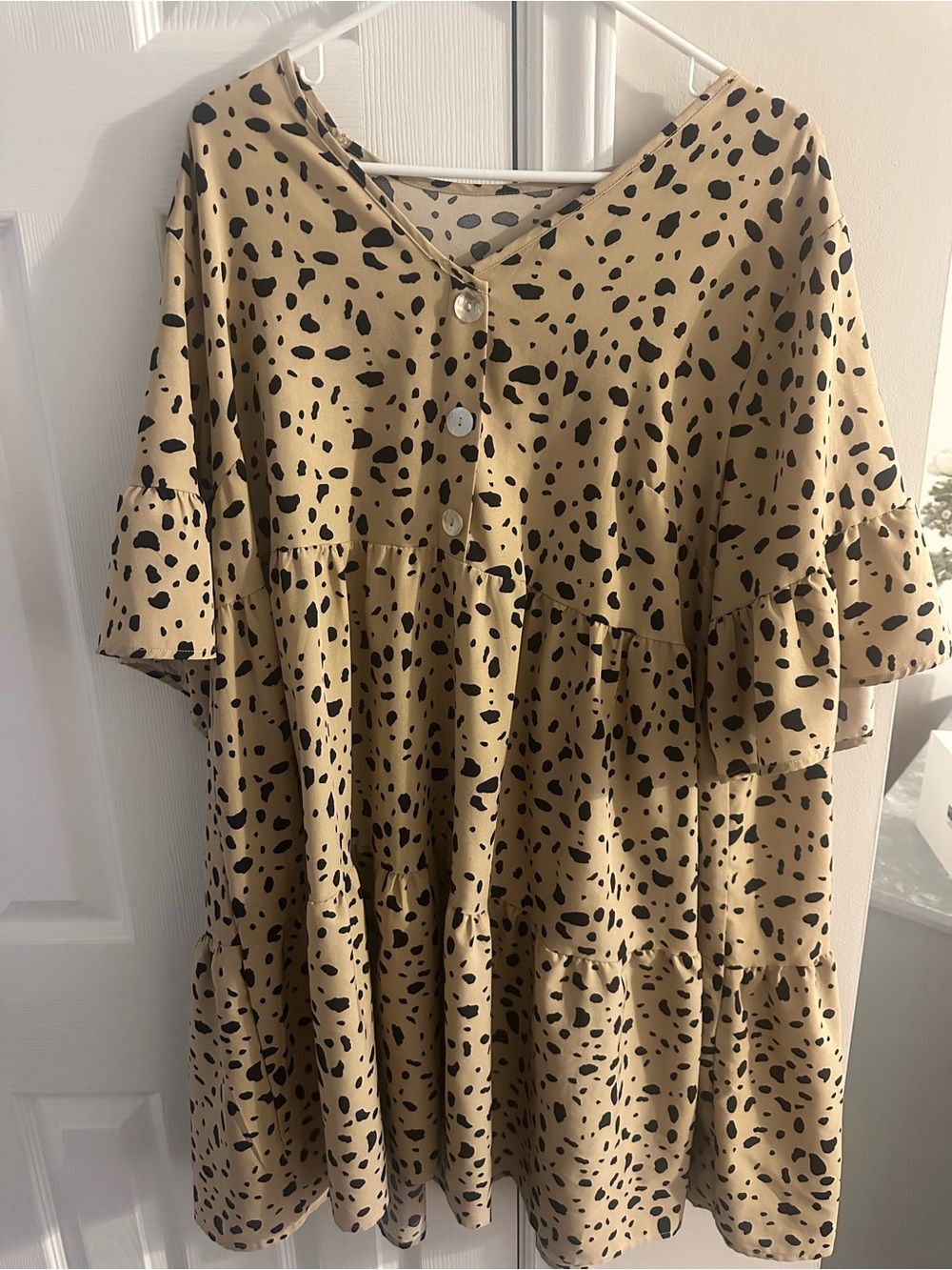 Tan Dalmatian Print Button Front Babydoll Dress